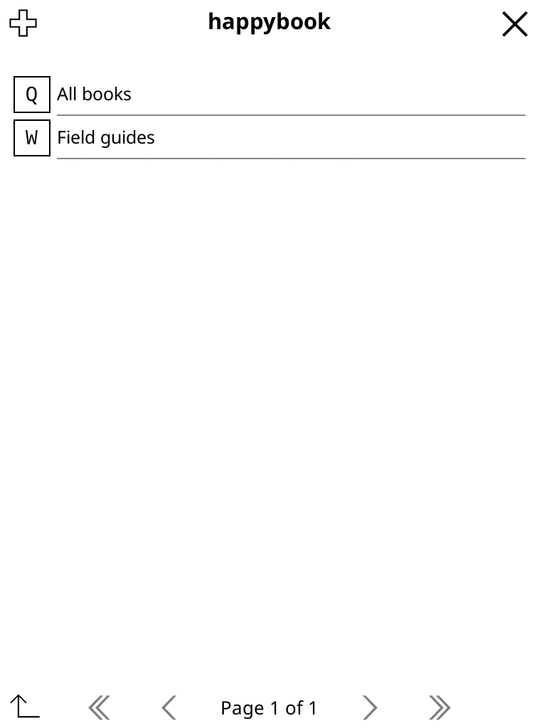 KOReader showing the happybook catalog root with All books and a notebook section