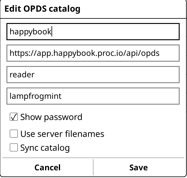 KOReader catalog form filled in with the Happybook URL, username reader, and a three-word password