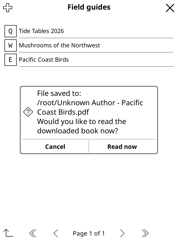 KOReader confirming a book downloaded from the Happybook catalog