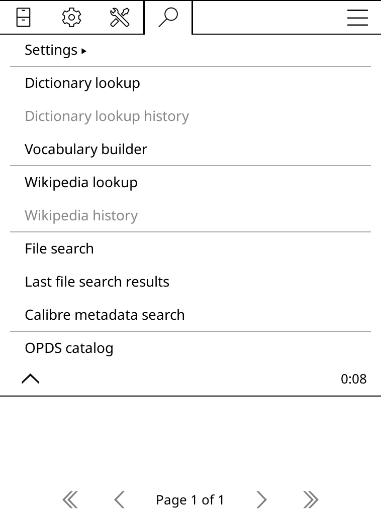 KOReader file browser menu with the magnifier tab open, showing the OPDS catalog entry
